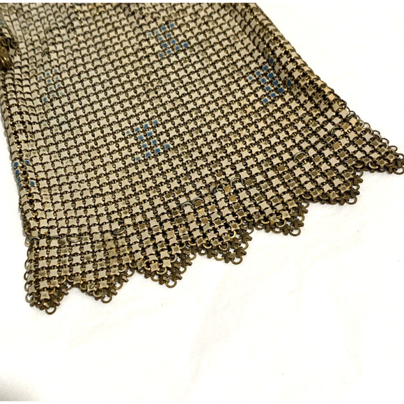 Vintage 1920s metal mesh purse Art Deco geometric white enamel blue gold flaws - Picture 5 of 12